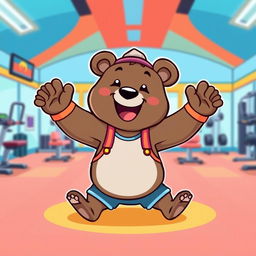 A cartoon-style illustration of a cute bear doing exercises