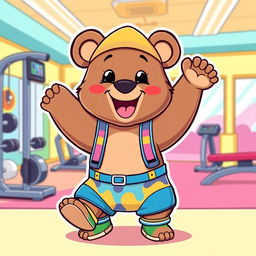 A cartoon-style illustration of a cute bear doing exercises