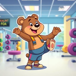 A cartoon-style illustration of a cute bear doing exercises