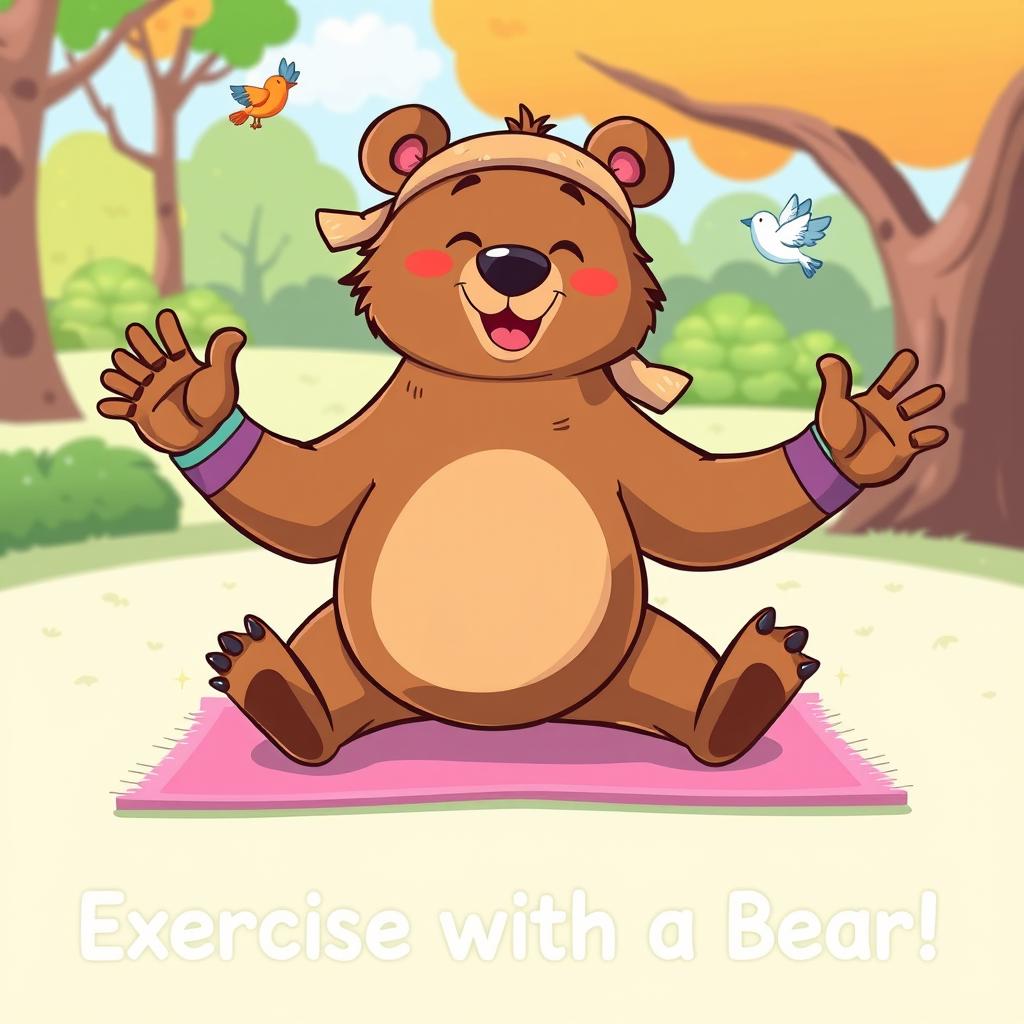 A cartoon bear energetically exercising, showcasing various stretches and playful poses, with a whimsical and colorful design