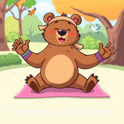 A cartoon bear energetically exercising, showcasing various stretches and playful poses, with a whimsical and colorful design