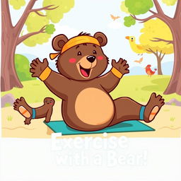 A cartoon bear energetically exercising, showcasing various stretches and playful poses, with a whimsical and colorful design