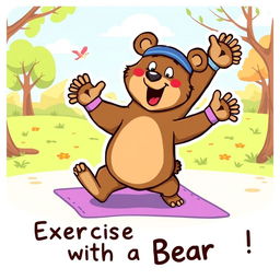 A cartoon bear energetically exercising, showcasing various stretches and playful poses, with a whimsical and colorful design