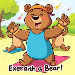 A cartoon bear energetically exercising, showcasing various stretches and playful poses, with a whimsical and colorful design