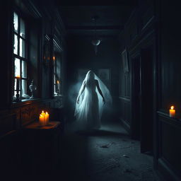 A chilling scene set in an abandoned Victorian mansion, with dark, weathered wood and flickering candles casting eerie shadows