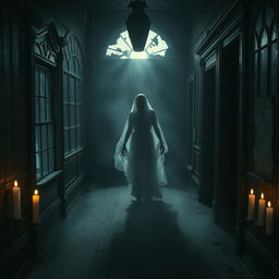 A chilling scene set in an abandoned Victorian mansion, with dark, weathered wood and flickering candles casting eerie shadows