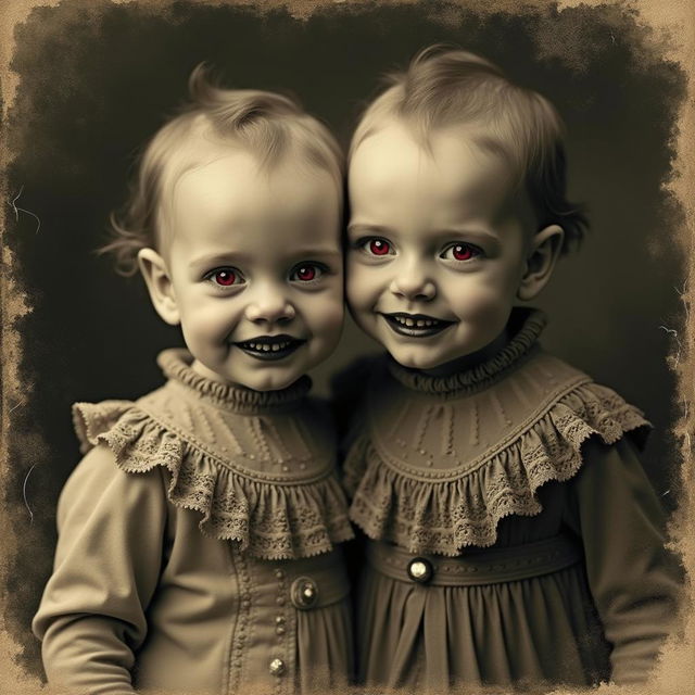 A haunting antique portrait of a two-headed vampire child featuring sharp vampire teeth, both heads displaying a subtle, mischievous smile