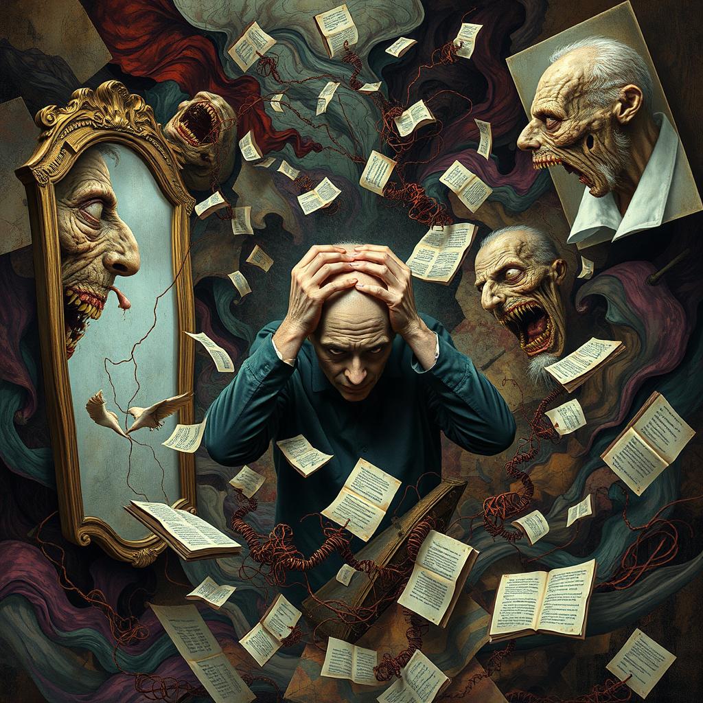 A surreal and chaotic scene depicting a mind unraveling in madness