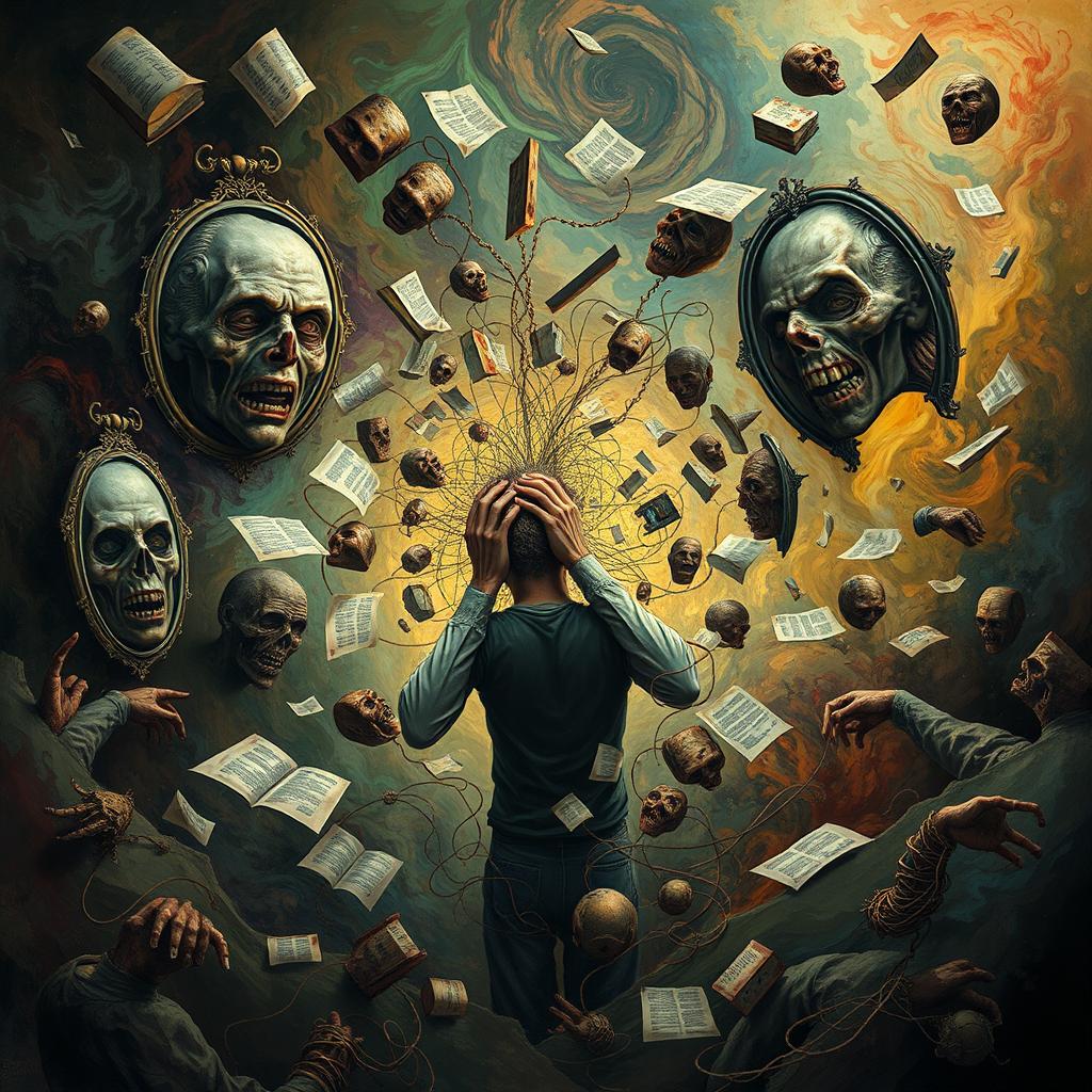 A surreal and chaotic scene depicting a mind unraveling in madness