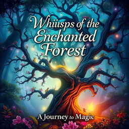 A captivating book cover design featuring a mystical forest with vibrant colors and ethereal glowing lights