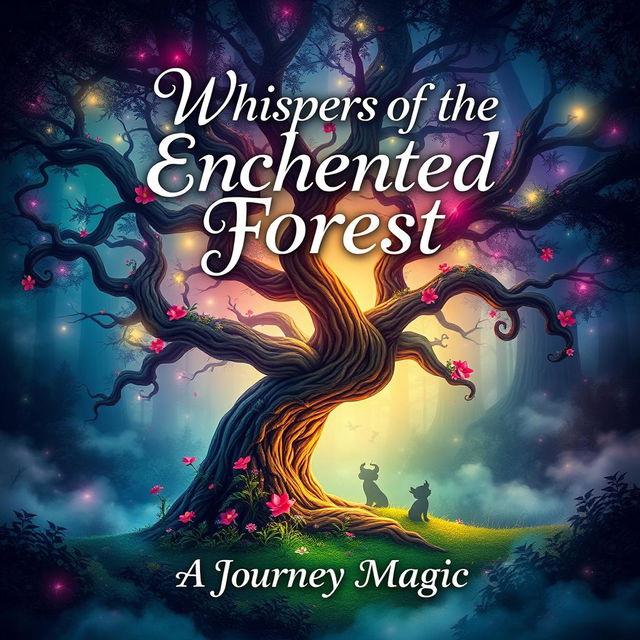 A captivating book cover design featuring a mystical forest with vibrant colors and ethereal glowing lights