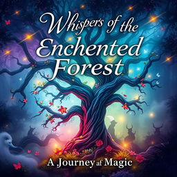 A captivating book cover design featuring a mystical forest with vibrant colors and ethereal glowing lights