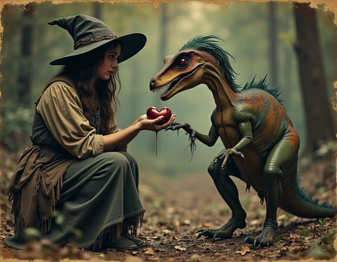 A 19th-century photograph depicting a witch kneeling while hand-feeding a velociraptor, which is sharply focused on eating a heart from the palm of her hand