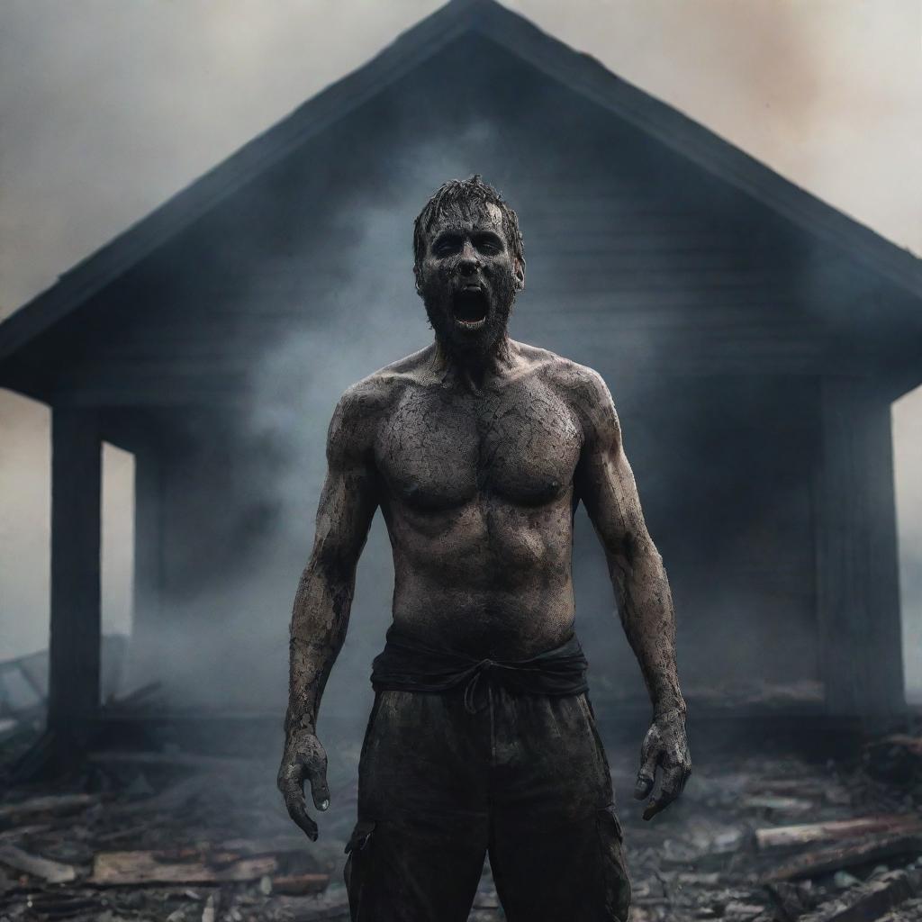 A man consumed by revenge, emerging from a burnt house filled with smoke, looking like a beast that has awoken from within.