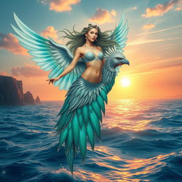 A mystical sea harpy, an enchanting half-bird, half-woman creature, soaring above the sparkling blue ocean