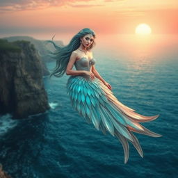 A mystical sea harpy, an enchanting half-bird, half-woman creature, soaring above the sparkling blue ocean