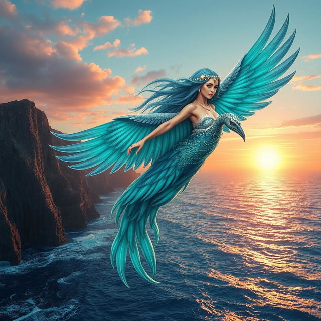 A mystical sea harpy, an enchanting half-bird, half-woman creature, soaring above the sparkling blue ocean