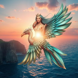 A mystical sea harpy, an enchanting half-bird, half-woman creature, soaring above the sparkling blue ocean