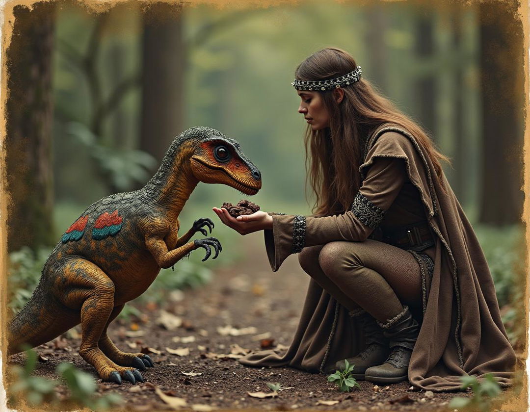 A 19th-century photograph capturing a Celtic witch kneeling while hand-feeding a velociraptor, which is sharply focused on eating organ meat from the palm of her hand