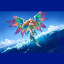 A majestic Sea Harpy with beautifully intricate wings, soaring above the ocean waves, showcasing vibrant colors and elaborate patterns on the wings