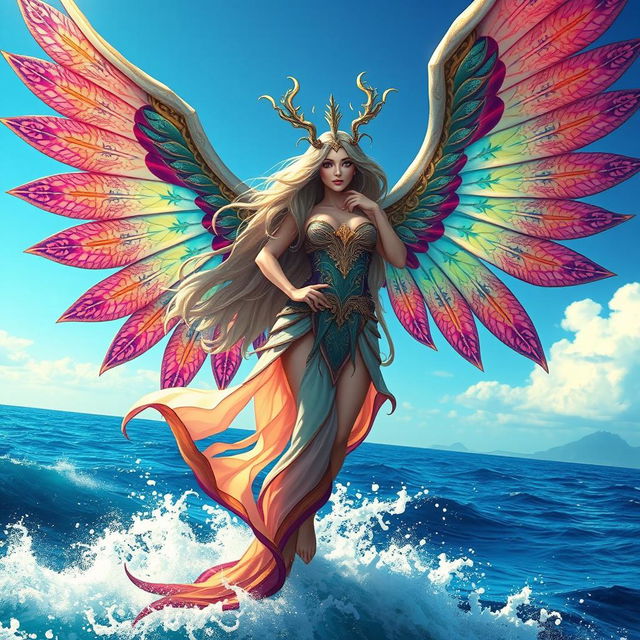 A majestic Sea Harpy with beautifully intricate wings, soaring above the ocean waves, showcasing vibrant colors and elaborate patterns on the wings