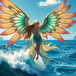 A majestic Sea Harpy with beautifully intricate wings, soaring above the ocean waves, showcasing vibrant colors and elaborate patterns on the wings