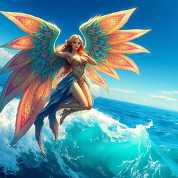 A majestic Sea Harpy with beautifully intricate wings, soaring above the ocean waves, showcasing vibrant colors and elaborate patterns on the wings