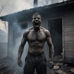 A man consumed by revenge, emerging from a burnt house filled with smoke, looking like a beast that has awoken from within.