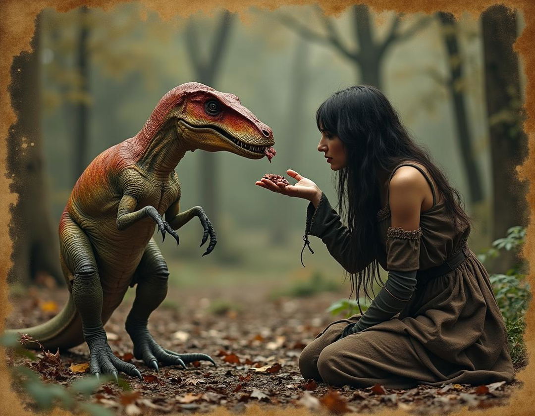 A 19th-century photograph featuring a witch kneeling while hand-feeding a velociraptor, which is sharply focused on eating organ meat from the palm of her hand