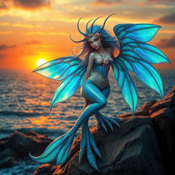 A mystical Sea Harpy with beautiful iridescent wings that shimmer in various shades of blue and green