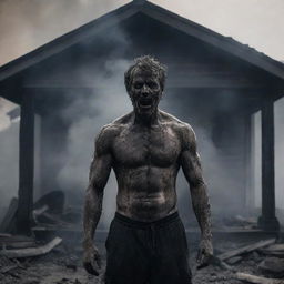 A man consumed by revenge, emerging from a burnt house filled with smoke, looking like a beast that has awoken from within.