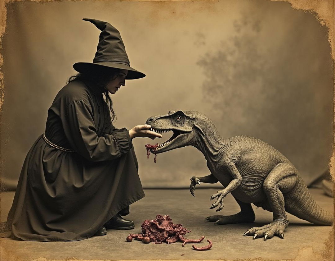 A 19th-century photograph that is aged and damaged, showcasing a witch kneeling while hand-feeding a velociraptor, which is sharply eating organ meat from the palm of her hand