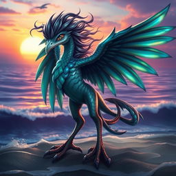 A stunning Sea Harpy with captivating, beautiful wings that extend gracefully from its arms, showcasing an iridescent sheen with hues of blue, teal, and green