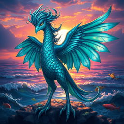 A stunning Sea Harpy with captivating, beautiful wings that extend gracefully from its arms, showcasing an iridescent sheen with hues of blue, teal, and green