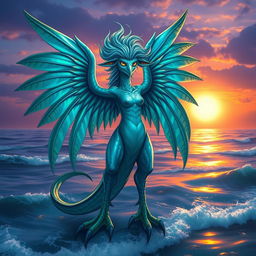 A stunning Sea Harpy with captivating, beautiful wings that extend gracefully from its arms, showcasing an iridescent sheen with hues of blue, teal, and green