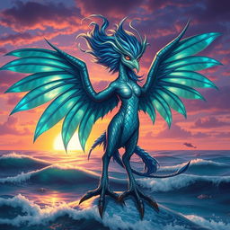 A stunning Sea Harpy with captivating, beautiful wings that extend gracefully from its arms, showcasing an iridescent sheen with hues of blue, teal, and green