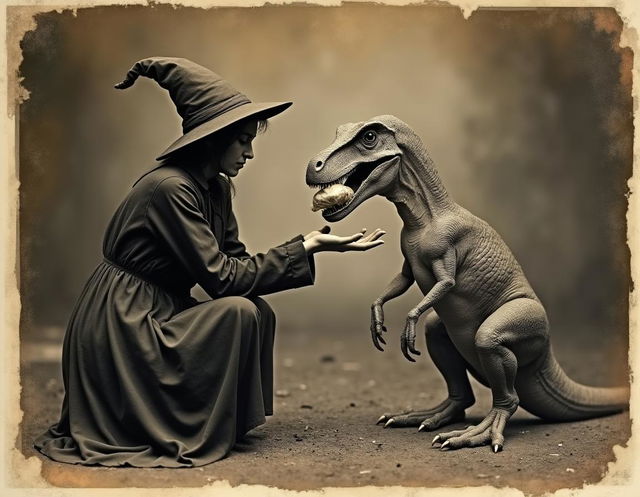 An 18th-century black and white photograph that is aged and damaged, featuring a witch kneeling while hand-feeding a velociraptor, which is sharply eating organ meat from the palm of her hand