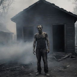 A man consumed by revenge, emerging from a burnt house filled with smoke, looking like a beast that has awoken from within.