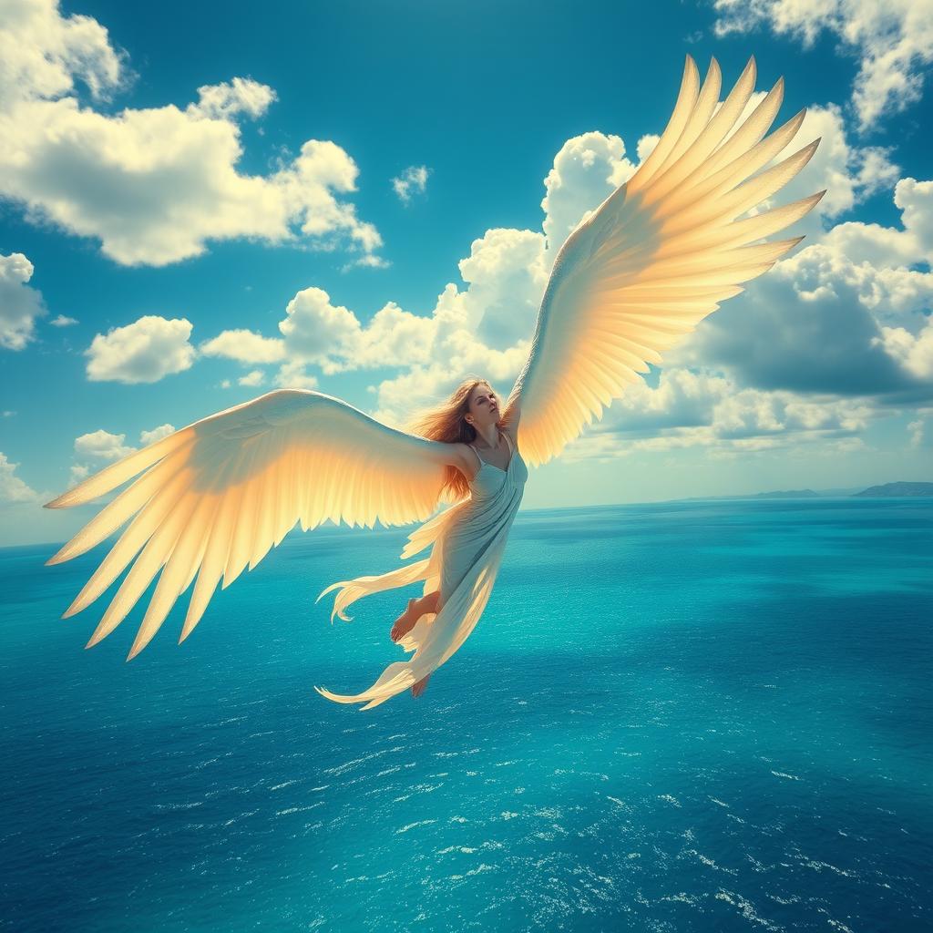 A fantastical scene depicting a bird-like woman soaring gracefully above a shimmering sea