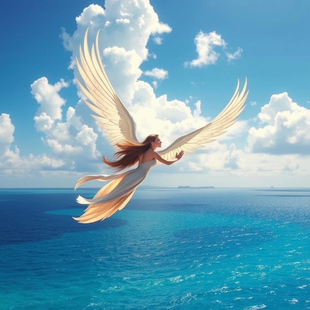 A fantastical scene depicting a bird-like woman soaring gracefully above a shimmering sea