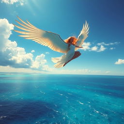 A fantastical scene depicting a bird-like woman soaring gracefully above a shimmering sea