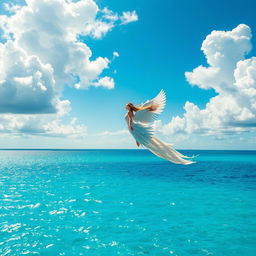 A fantastical scene depicting a bird-like woman soaring gracefully above a shimmering sea