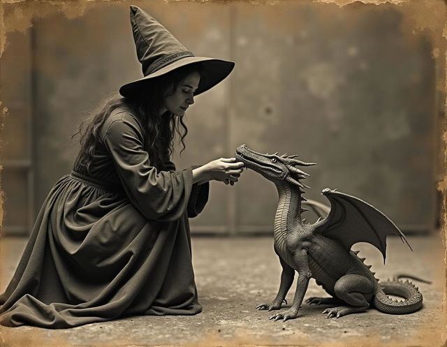 An 18th-century black and white photograph that is aged and damaged, featuring a witch kneeling while hand-feeding a small dragon, which is eating organ meat from the palm of her hand