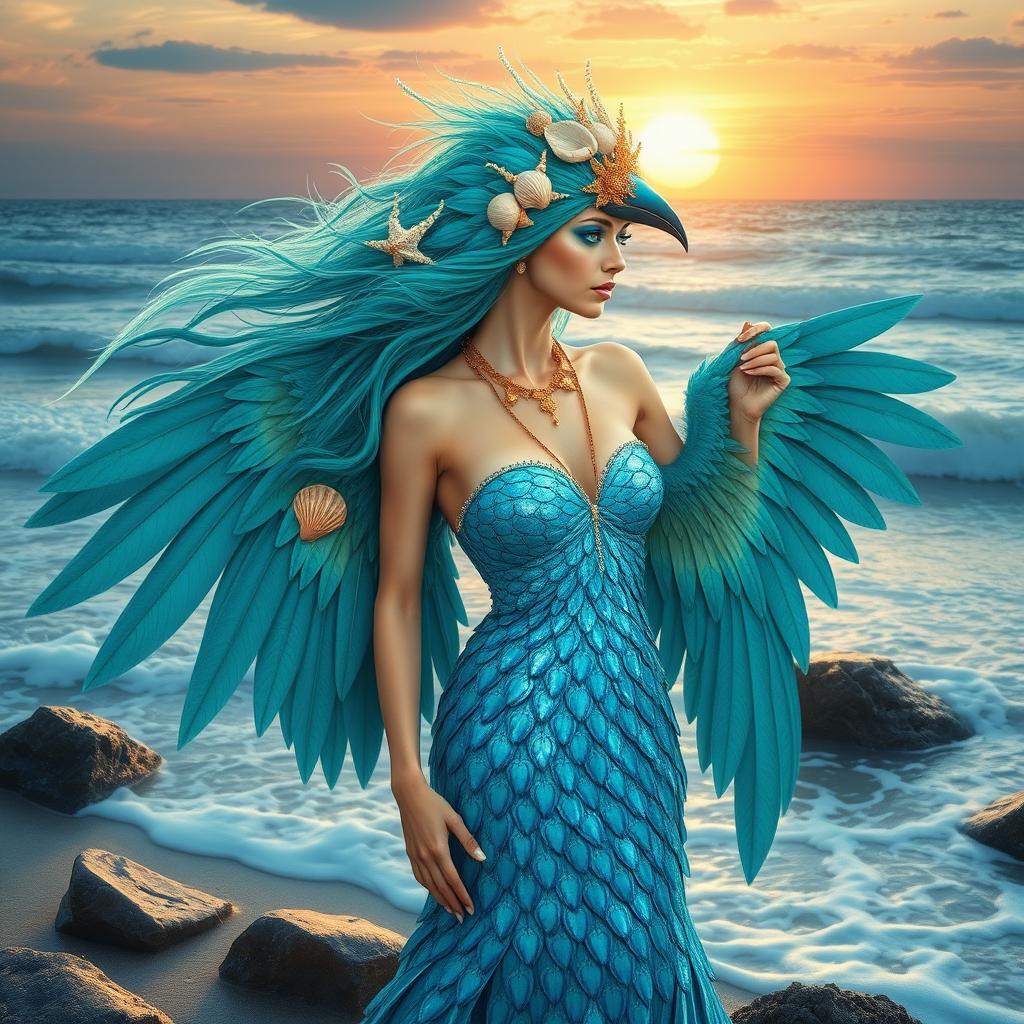 A mystical bird-like woman, embodying the essence of a sea druid, with vibrant plumage resembling the colors of the ocean