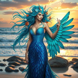 A mystical bird-like woman, embodying the essence of a sea druid, with vibrant plumage resembling the colors of the ocean