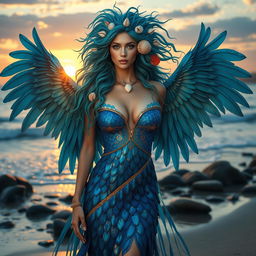 A mystical bird-like woman, embodying the essence of a sea druid, with vibrant plumage resembling the colors of the ocean