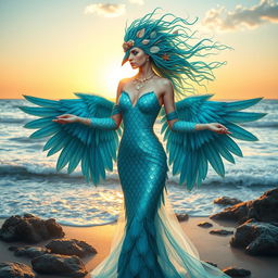 A mystical bird-like woman, embodying the essence of a sea druid, with vibrant plumage resembling the colors of the ocean