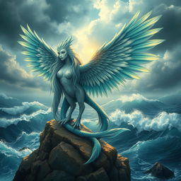 A captivating Sea Harpy, a mythical creature blending elements of a bird and a beautiful woman, perched on a rocky cliff overlooking a turbulent ocean