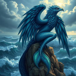 A captivating Sea Harpy, a mythical creature blending elements of a bird and a beautiful woman, perched on a rocky cliff overlooking a turbulent ocean