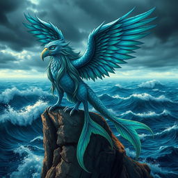 A captivating Sea Harpy, a mythical creature blending elements of a bird and a beautiful woman, perched on a rocky cliff overlooking a turbulent ocean